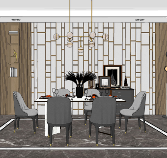 现代轻奢餐厅，餐桌椅su草图模型下载