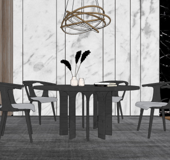 新中式异形圆形餐桌椅子组合su草图模型下载