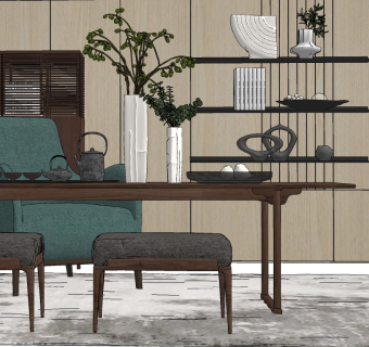 新中式茶桌椅su草图模型下载