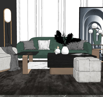 现代沙发茶几组合su草图模型下载