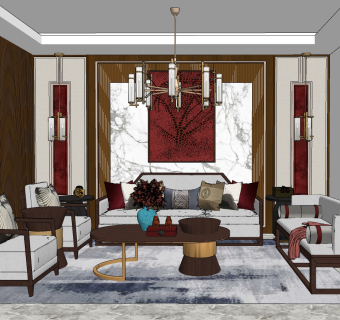 新中式简约客厅su草图模型下载
