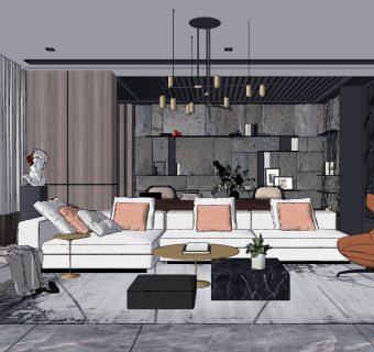 现代客厅餐厅su草图模型下载