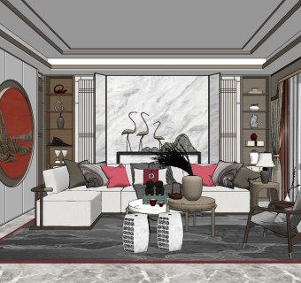 新中式客厅su草图模型下载