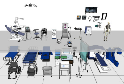 现代病床医疗器材器械设备组合su草图模型下载