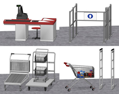 现代超市收银台购物车,收银台，货车，安检器su草图模型下载