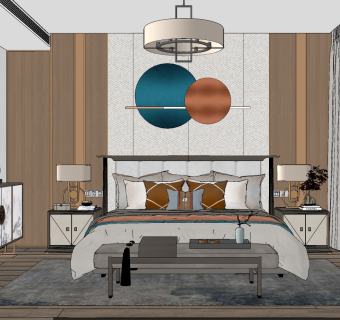 新中式卧室su草图模型下载