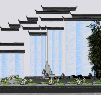 新中式景观小品竹子荷花水景su草图模型下载