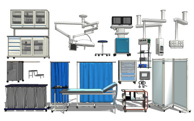 现代病床，隔断，诊疗仪器医疗器材设备器材su草图模型下载
