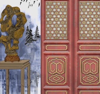 新中式奇石雕塑su草图模型下载