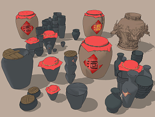 中式酒坛陶罐su草图模型下载