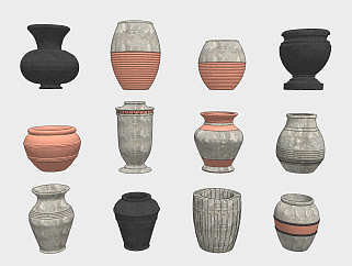 新中式陶土罐组合su草图模型下载