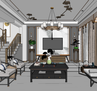 新中式复式别墅客厅su草图模型下载