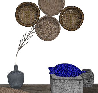 自然风藤编箩筐墙饰su草图模型下载