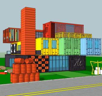 工业loft集装箱建筑，油桶su草图模型下载