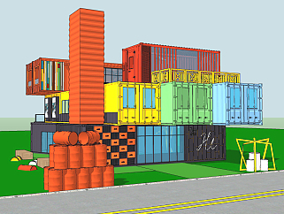 工业loft集装箱建筑，油桶su草图模型下载