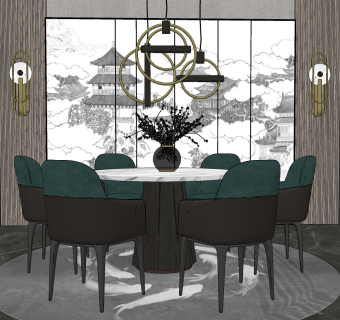 新中式圆形餐桌椅su草图模型下载