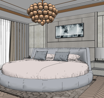 现代双人床组合su草图模型下载