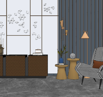 现代布艺单椅边柜组合su草图模型下载