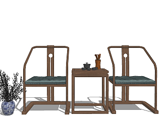 新中式古典实木家具<em>椅子组合</em>su草图模型下载