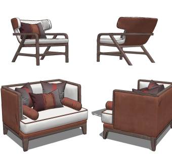 新中式单人沙发休闲椅组合su草图模型下载