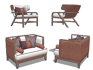 新中式单人沙发休闲椅组合su草图模型下载