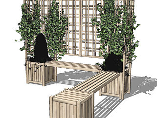 户外长凳爬山虎藤蔓植物篱笆墙su草图模型下载