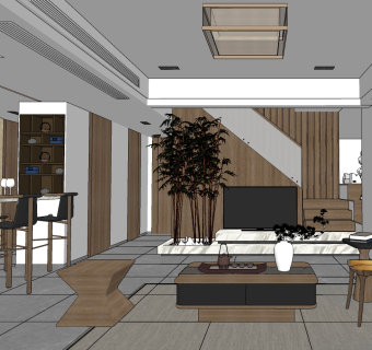 新中式客餐厅su草图模型下载