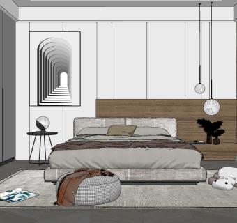 现代双人床组合su草图模型下载