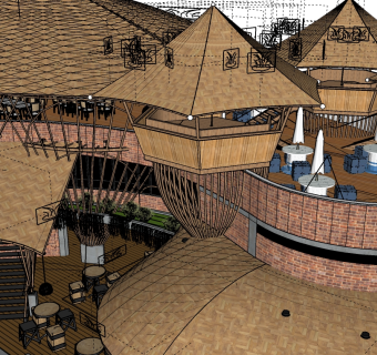 东南亚民宿竹楼咖啡厅度假酒店外观建筑大型咖啡厅su草图模型下载