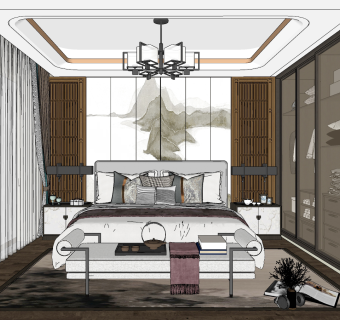 新中式卧室su草图模型下载