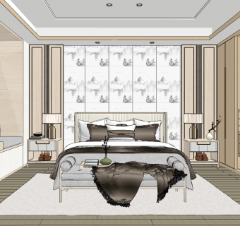 新中式卧室su草图模型下载