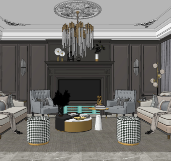 美式客厅su草图模型下载