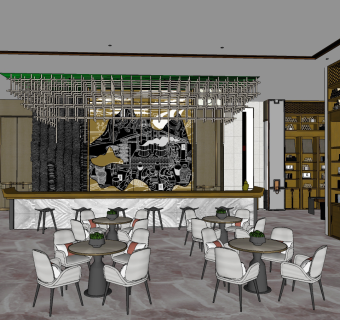 新中式酒店大堂吧su草图模型下载