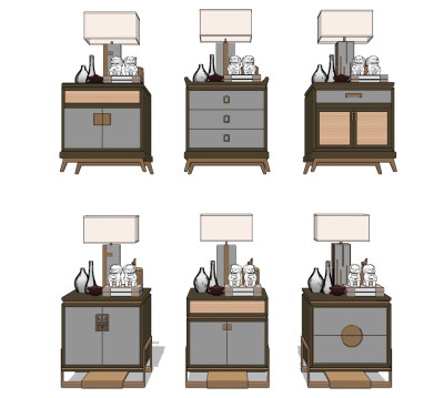 新中式床头柜，台灯组合su草图模型下载