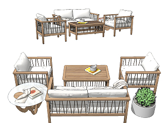 现代户外原木沙发，茶几组合su草图模型下载