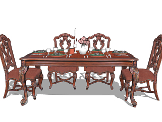 欧式古典雕花实木餐桌椅su草图模型下载