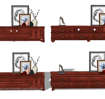 中式实木电视柜摆件su草图模型下载