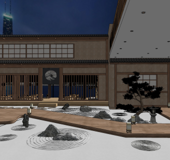 日式酒店景观庭院中庭su草图模型下载