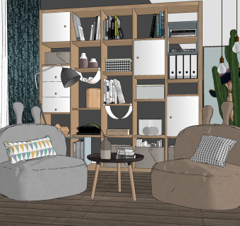 现代懒人沙发，书柜组合su草图模型下载