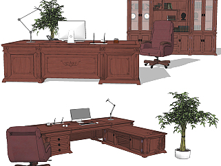 新中式班台办公桌，书柜组合su草图模型下载