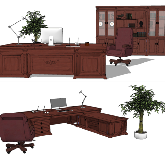新中式班台办公桌，书柜组合su草图模型下载