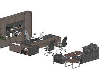 现代老板台，办公桌椅组合su草图模型下载