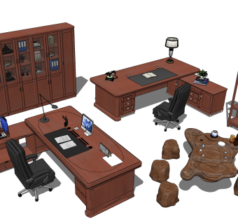 新中式老板台，书柜书架组合su草图模型下载