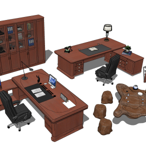 新中式老板台，书柜书架组合su草图模型下载