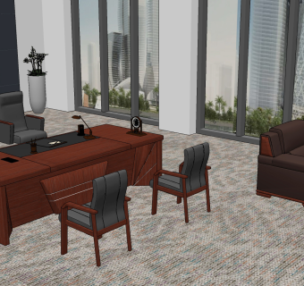 新中式老板台，沙发，书柜组合su草图模型下载