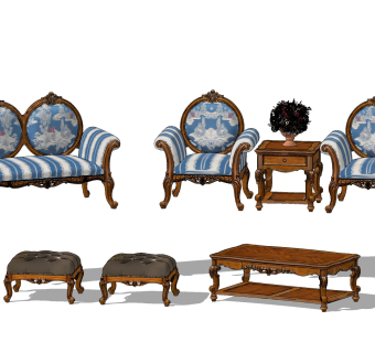 古典欧式单人沙发边几组合su草图模型下载