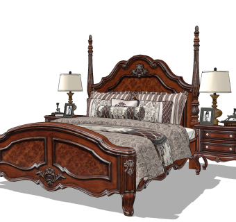 欧式古典实木雕花双人床su草图模型下载