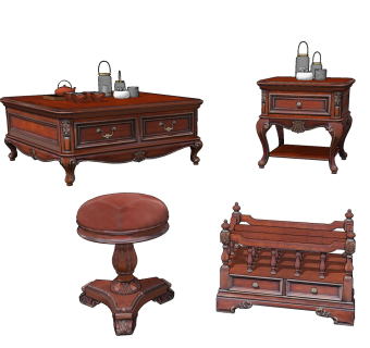 欧式茶几，边几组合su草图模型下载