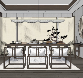 新中式茶室su草图模型下载