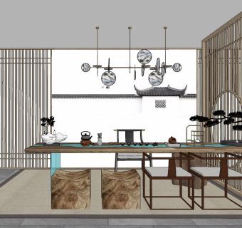 新中式茶室su草图模型下载